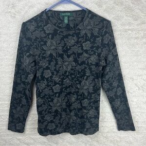 Ralph Lauren Womens Jersey Top Floral Jaquard Print Black Grey Sz L Quiet Luxury